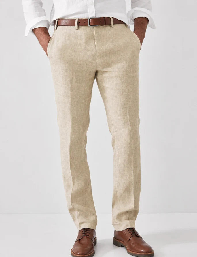 Men's slim fit linen dress pants, perfect for summer business casual & modern smart style.