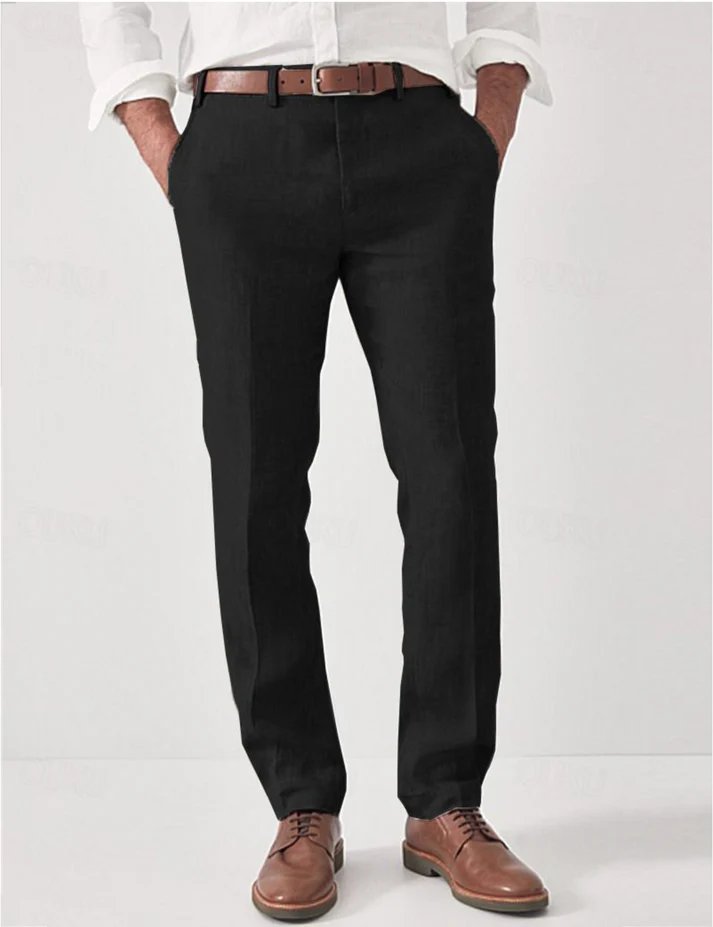 Versatile men's slim fit linen pants, ideal as dress pants or casual summer wear.