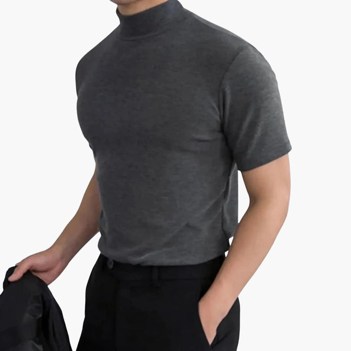 Men's slim fit mock neck short sleeve t-shirt, ideal for modern casual wear. Everyday men's fashion apparel.