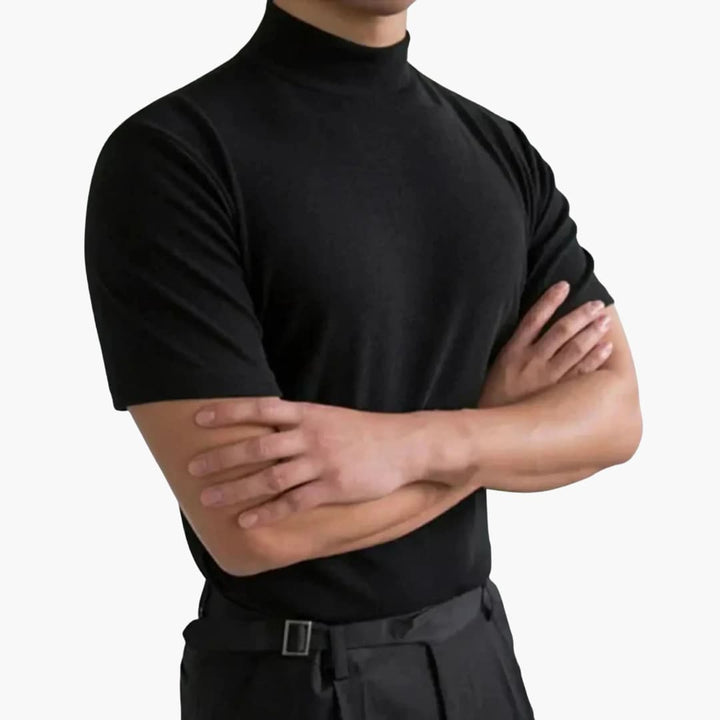 Casual men's slim fit short sleeve t-shirt featuring a mock neck. A comfortable and versatile everyday tee.