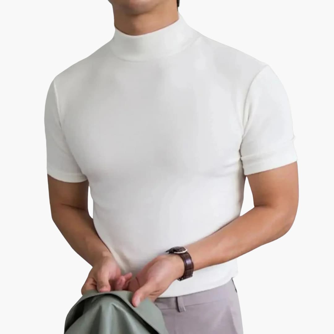 Fashionable men's apparel: slim fit mock neck short sleeve t-shirt. Perfect modern style for casual wear.
