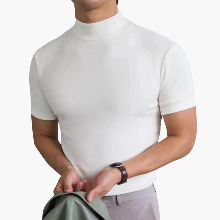 Fashionable men's apparel: slim fit mock neck short sleeve t-shirt. Perfect modern style for casual wear.