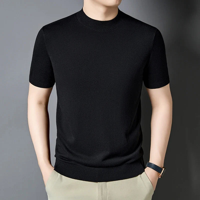 Men's slim fit mock neck t-shirt, short sleeve casual style. Everyday versatile top for modern men.