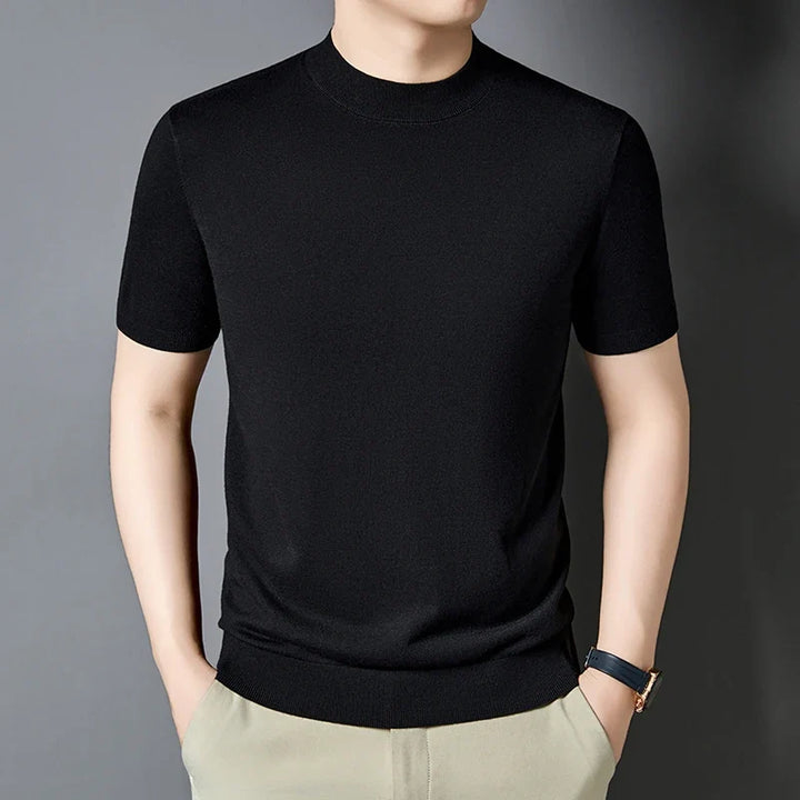 Men's slim fit mock neck t-shirt, short sleeve casual style. Everyday versatile top for modern men.