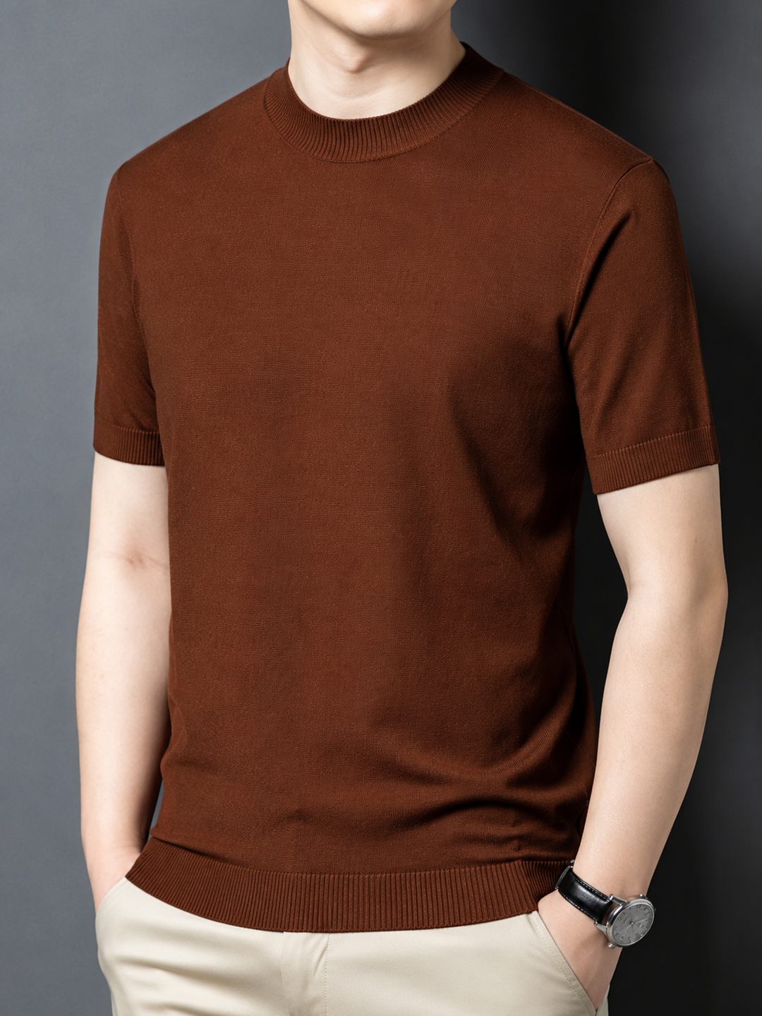 Essential men's slim fit mock neck t-shirt, short sleeve, ideal summer apparel. Modern design.