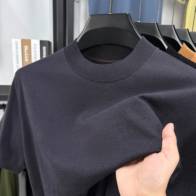 Unfolded men's basic slim fit mock neck t-shirt, short sleeve, ready for versatile casual wear.