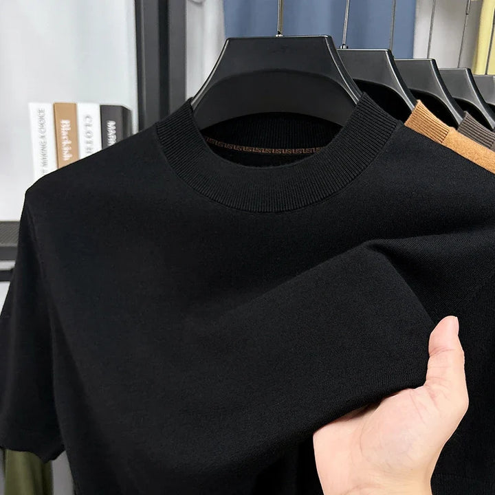Detail of the mock neck collar on a men's slim fit short sleeve t-shirt. Modern & stylish.