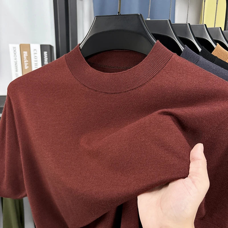 Collection of men's slim fit mock neck tees, short sleeve, multiple colors for versatile style.