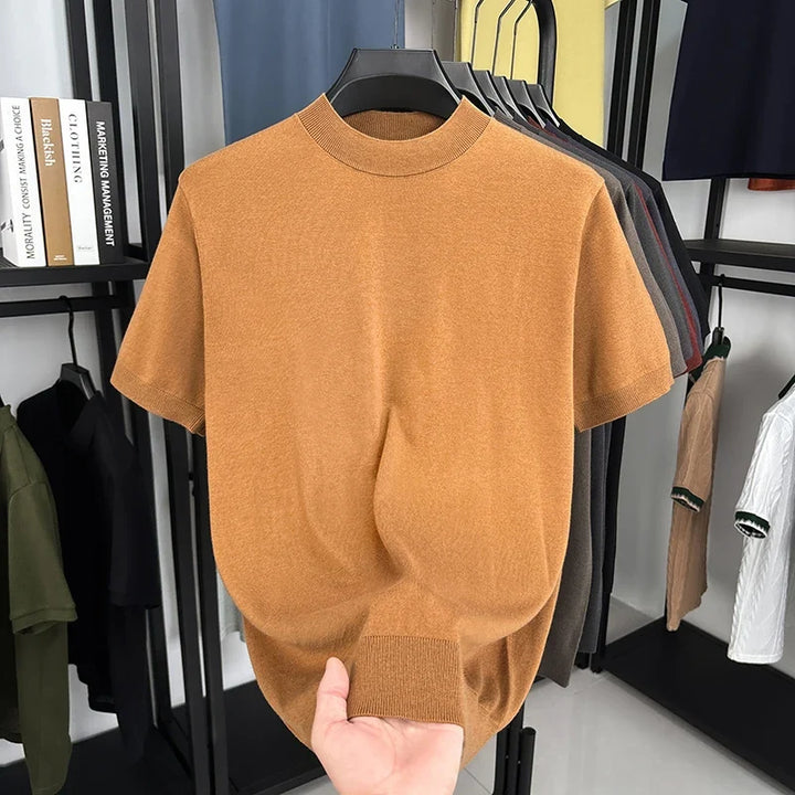 Youthful men's slim fit mock neck t-shirt, short sleeve, modern design for everyday casual.