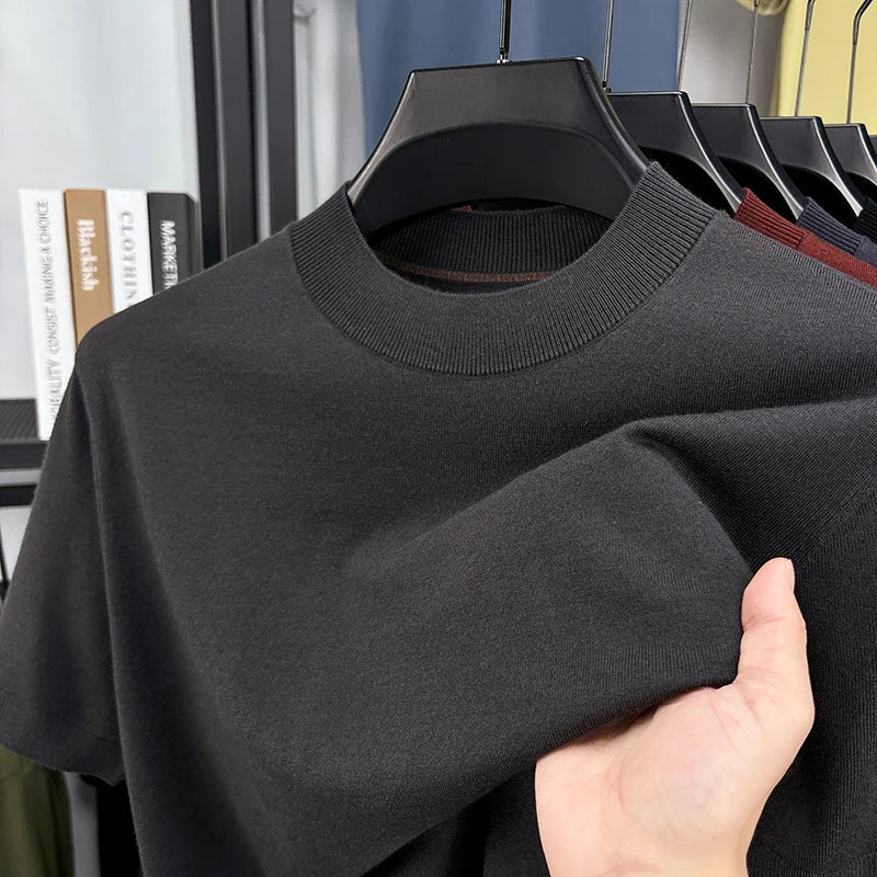 Fresh spring look: men's slim fit mock neck t-shirt, short sleeve, casual wear, comfortable.