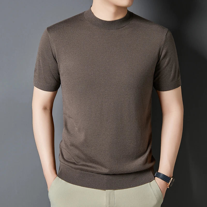 Comfortable men's slim fit mock neck tee, short sleeve, perfect for summer casual wear.