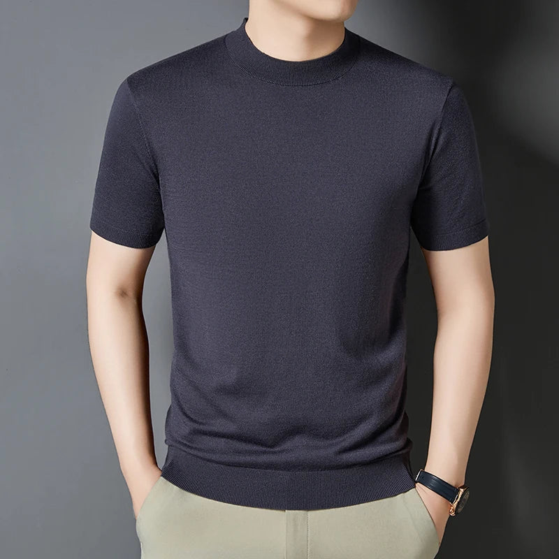 Stylish black men's slim fit mock neck t-shirt, short sleeve, modern everyday casual top.