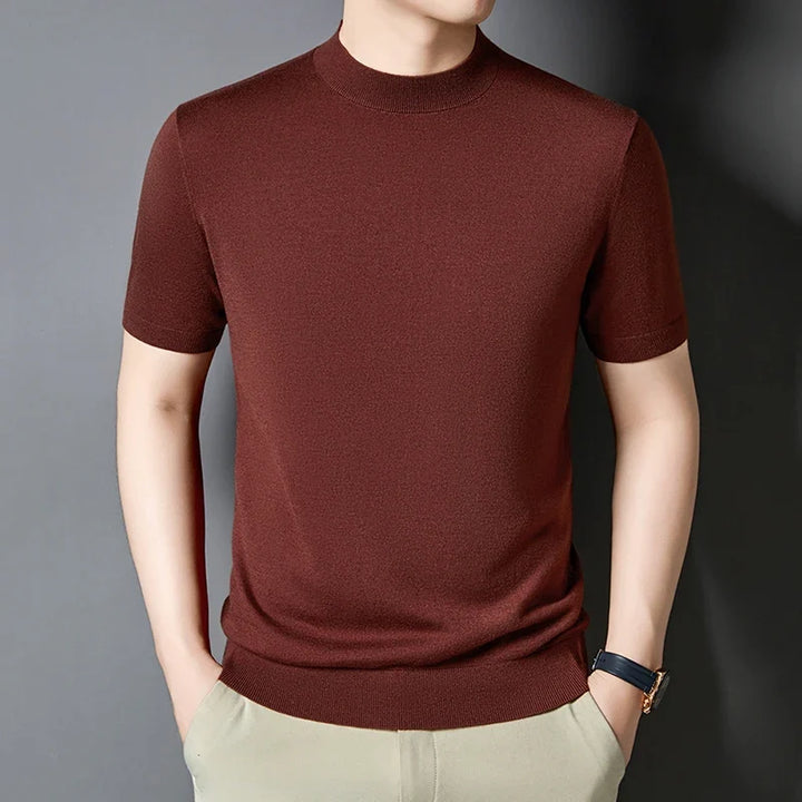 White men's short sleeve mock neck tee, slim fit, essential basic for spring & summer fashion.