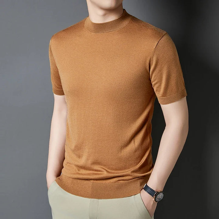 Navy men's slim fit mock neck t-shirt, short sleeve, versatile casual wear for modern design.