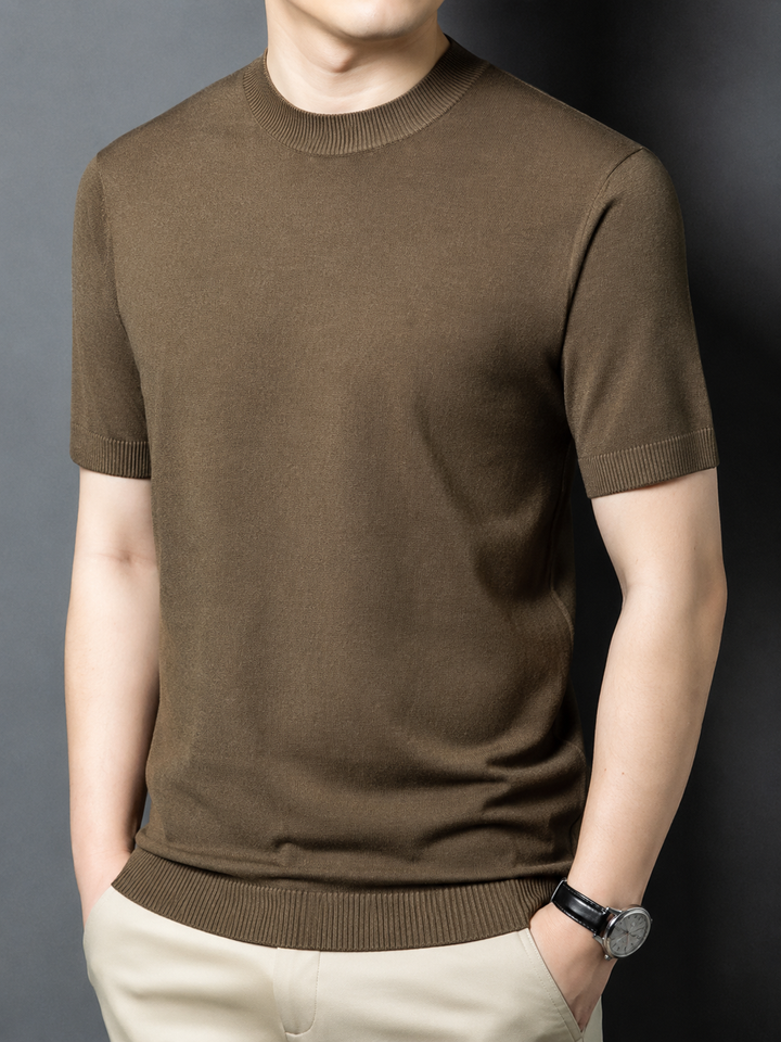 Front view of men's short sleeve mock neck tee, slim fit, comfort design for everyday wear.
