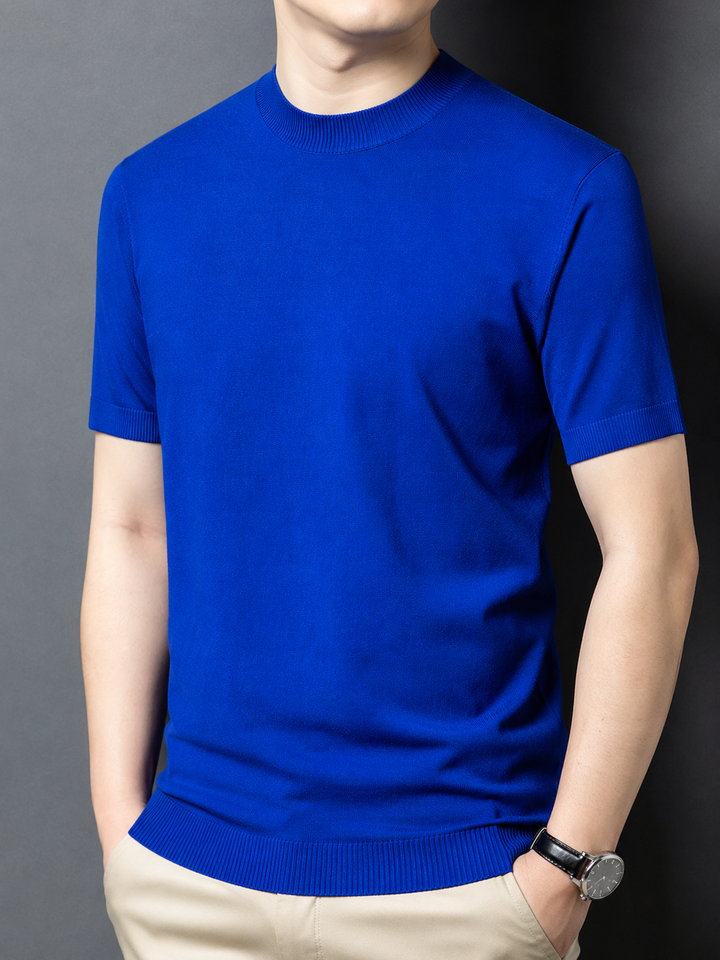 Back view of the versatile men's mock neck t-shirt, short sleeve, slim fit, comfort.