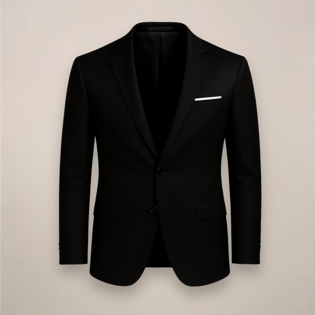 Charcoal men's slim fit blazer paired with a white shirt, ideal for formal business attire.