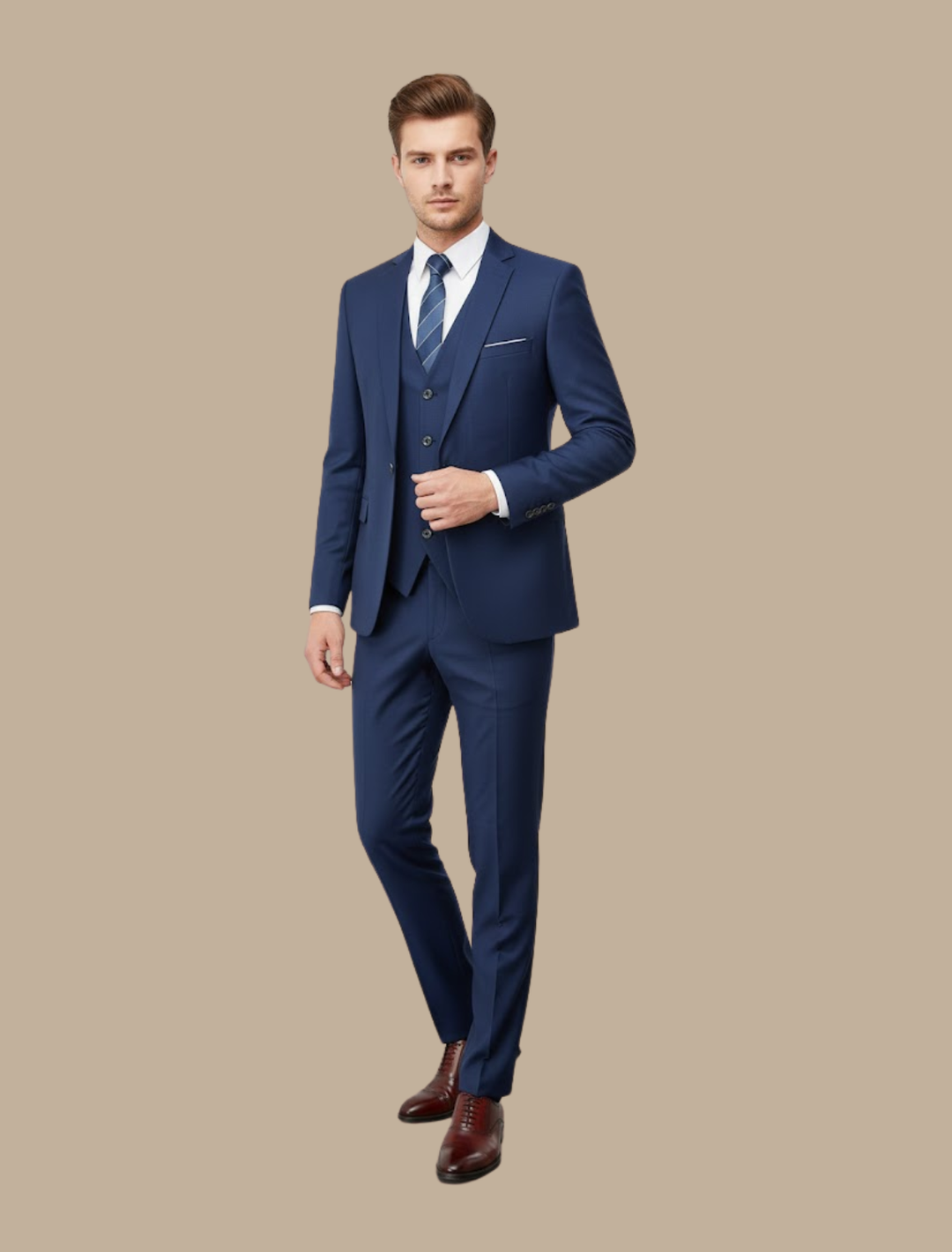 Sophisticated navy slim fit three-piece suit for men. Perfect formal wear for elegant events & business meetings.