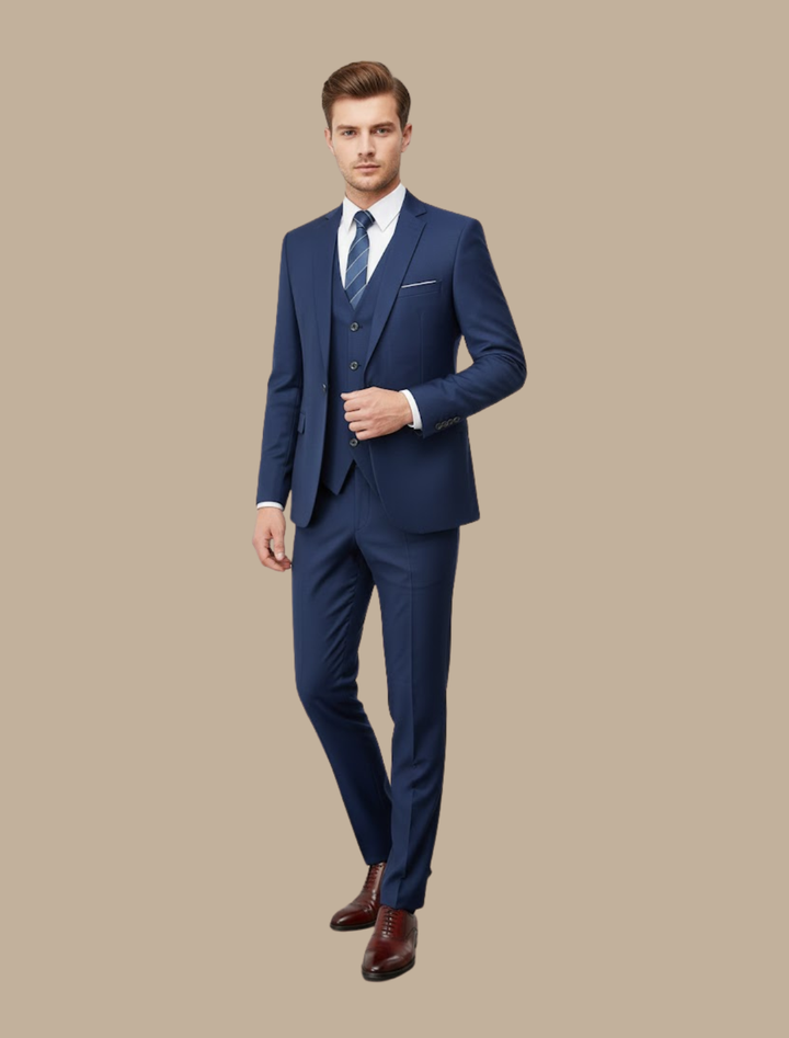 Sophisticated navy slim fit three-piece suit for men. Perfect formal wear for elegant events & business meetings.