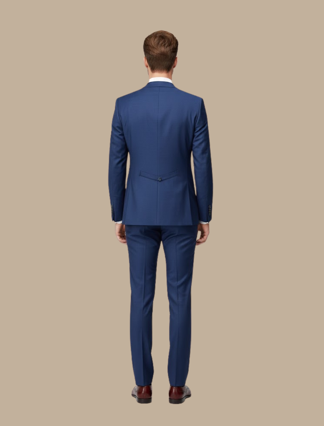 Tailored navy slim fit three-piece suit for men. Ideal formal attire for weddings, business, and special occasions.
