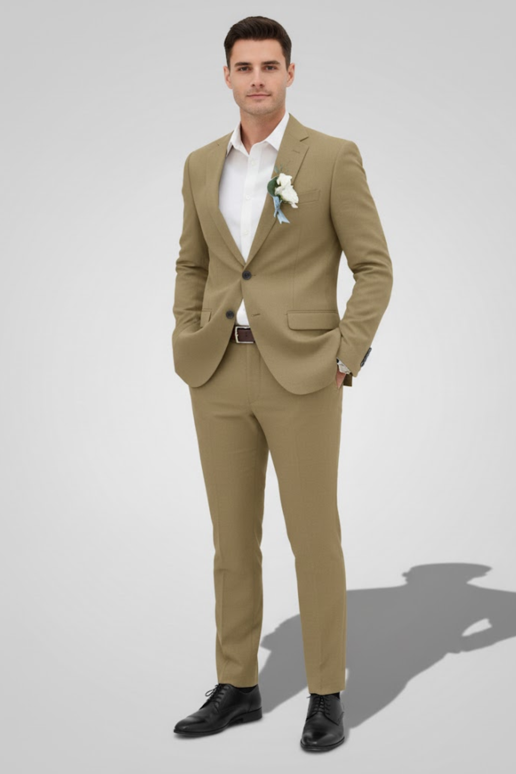 Man wearing a sleek, modern slim fit wedding suit; perfect tailored formal wear for special events.