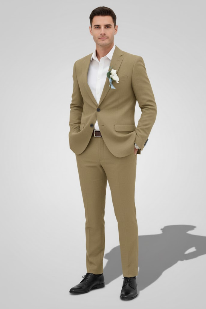 Man wearing a sleek, modern slim fit wedding suit; perfect tailored formal wear for special events.
