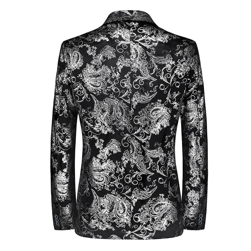 Stylish men's patterned slim-fit blazer jacket for special occasions, parties, or a contemporary business look.