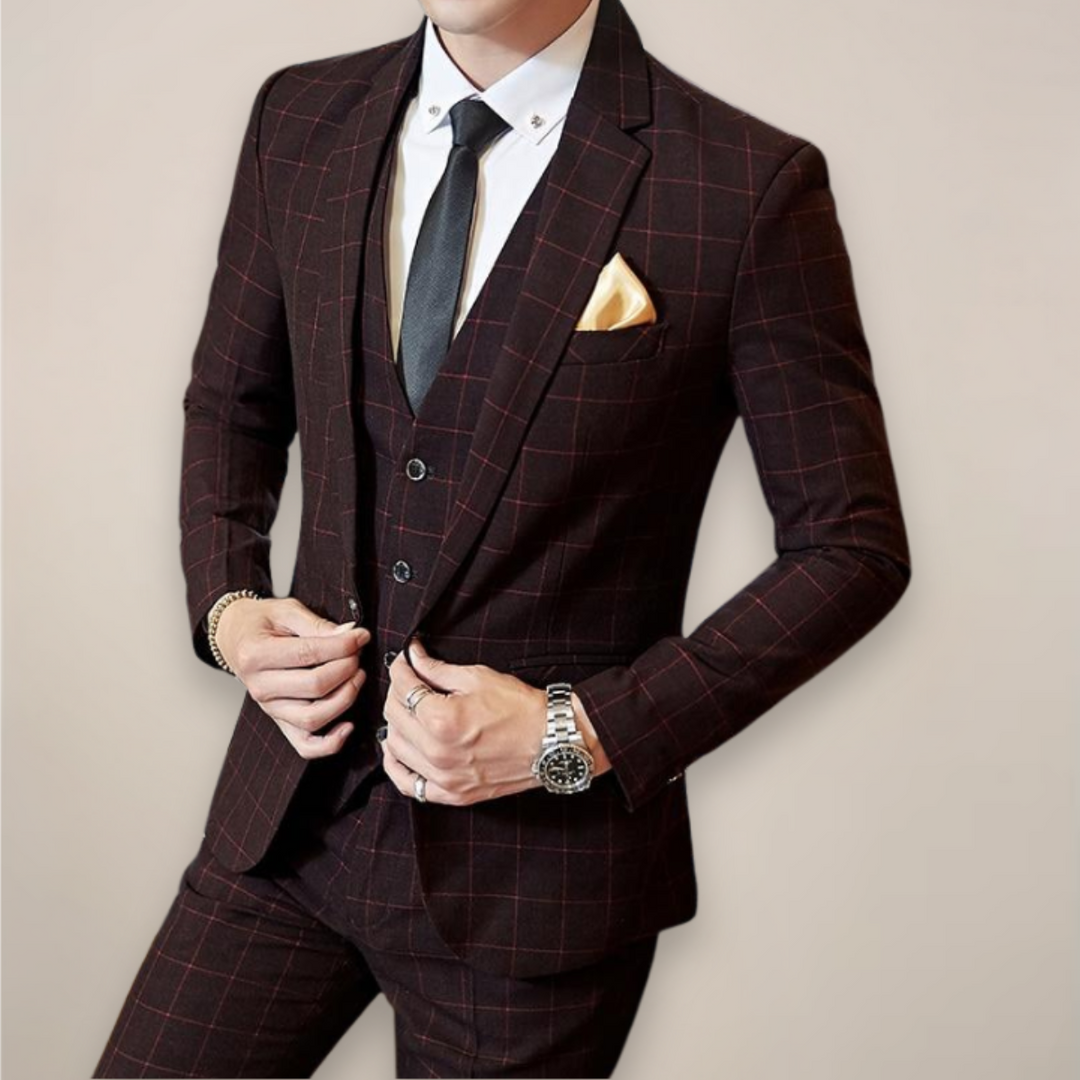 Stylish men's plaid formal suit, slim fit, perfect for business meetings, weddings, or special events.