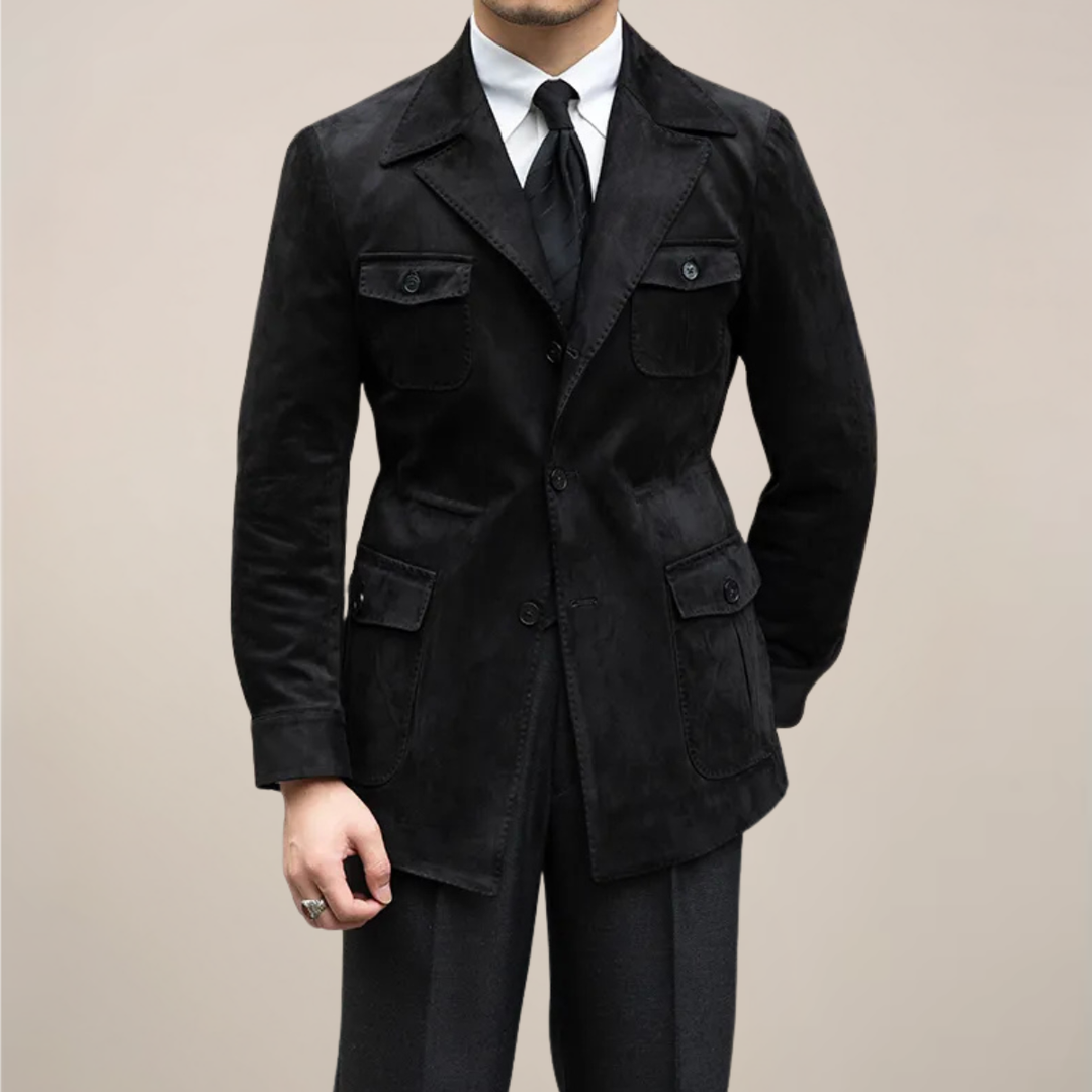 Casual men's slim fit safari blazer jacket with unique pocket design, ideal for an elevated everyday look.