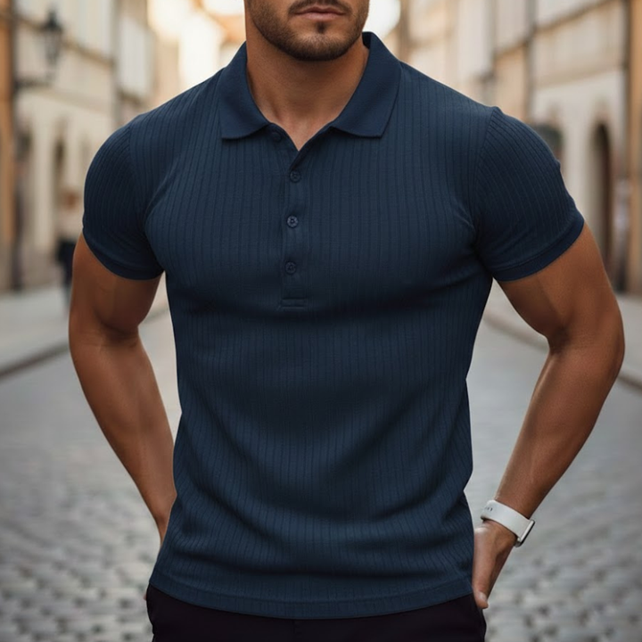 Athletic men's slim fit short sleeve polo shirt. Comfortable for sportswear & warm weather activities.