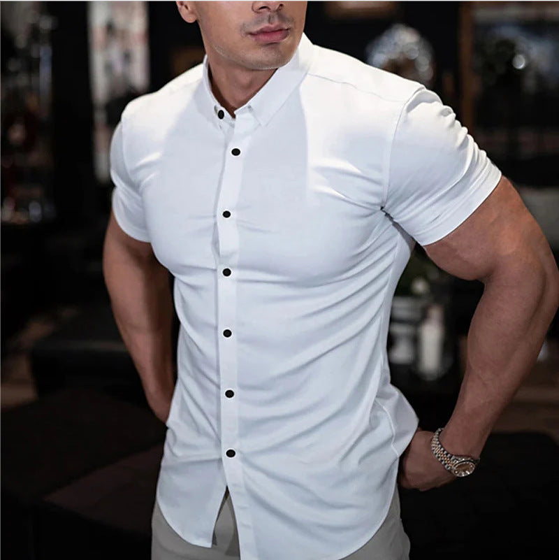 Modern men's slim fit short sleeve shirt, ideal for spring and summer fashion with its lightweight design.