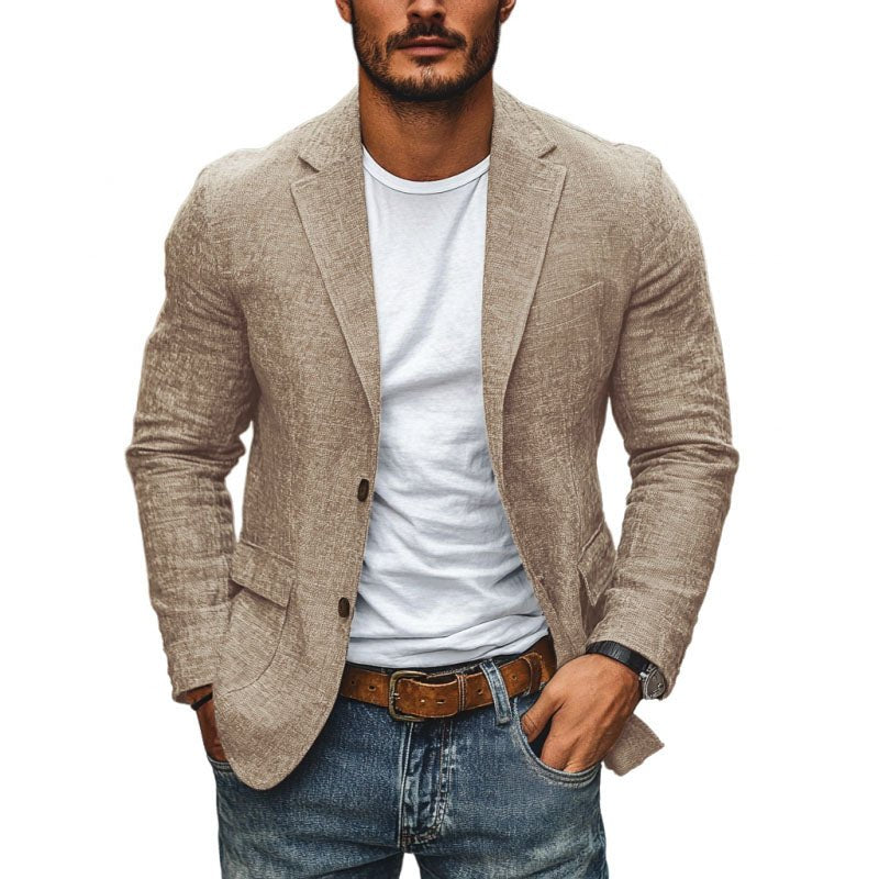 Lightweight men's slim fit single-breasted blazer. Versatile for summer fashion, business casual, or formal wear.