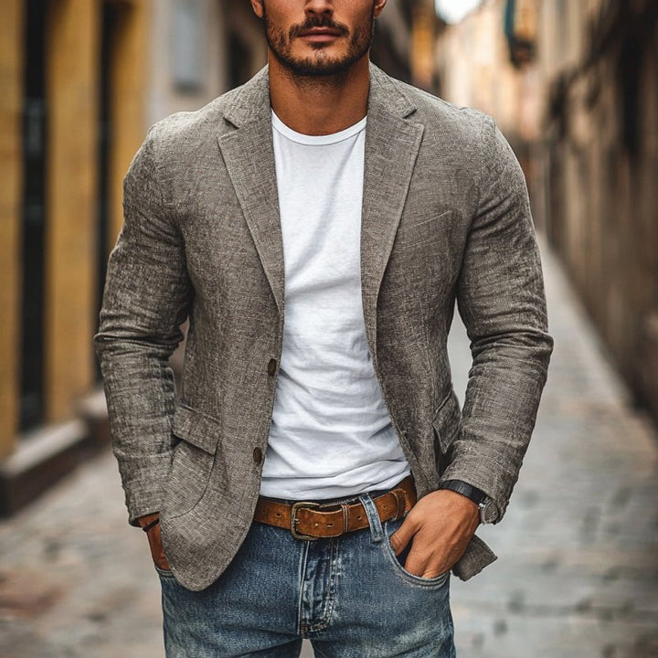 Breathable men's slim fit blazer, single-breasted. Perfect for comfortable summer style, business casual, and smart looks.