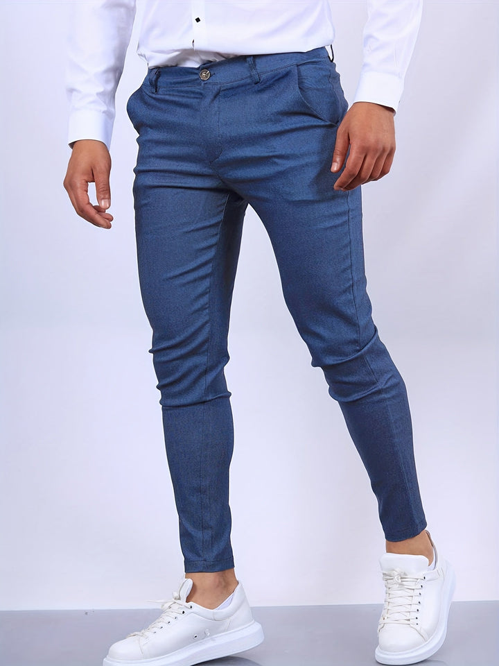 Men's slim fit stretch chino trousers, modern and versatile for casual or office wear.