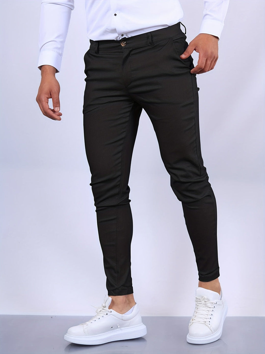 Stylish men's chino trousers with a slim fit & stretch fabric, great for office wear.