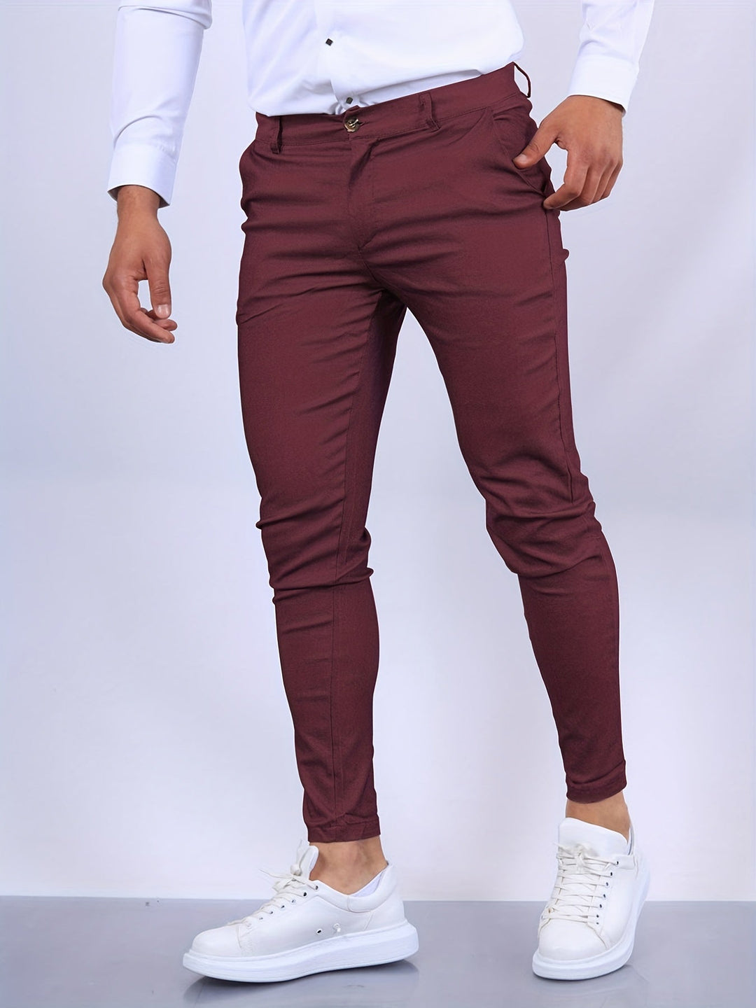 Versatile men's casual slim fit stretch chinos, suitable for various occasions.