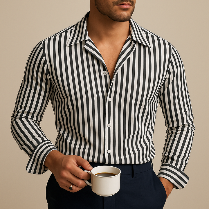 Stylish men's striped polo, perfect for business casual or everyday wear. An easy-care collared shirt.