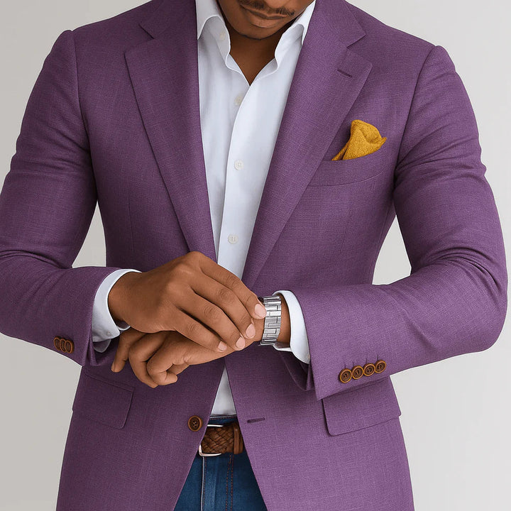 Men's slim-fit tailored blazer with check pattern, perfect for smart casual or business attire.