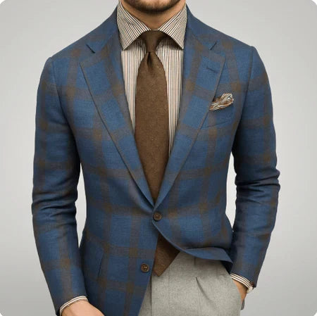 Stylish men's tailored blazer for sophisticated style, suitable for wedding guests & formal occasions.