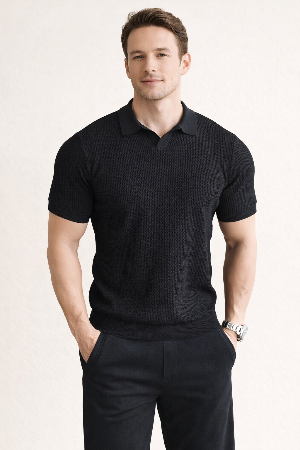 Men's slim fit textured polo shirt, short sleeve, perfect for casual daily style. Comfortable & versatile fashion.