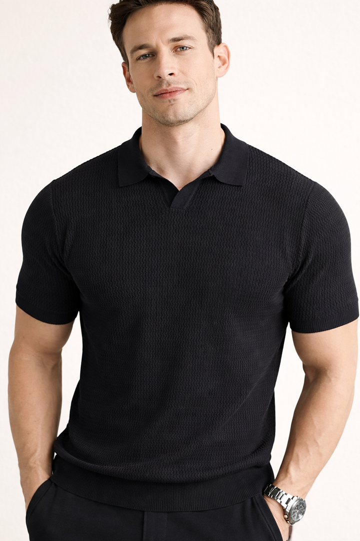 Close-up of men's textured slim fit polo shirt fabric, showcasing stylish detail & quality material for daily wear.