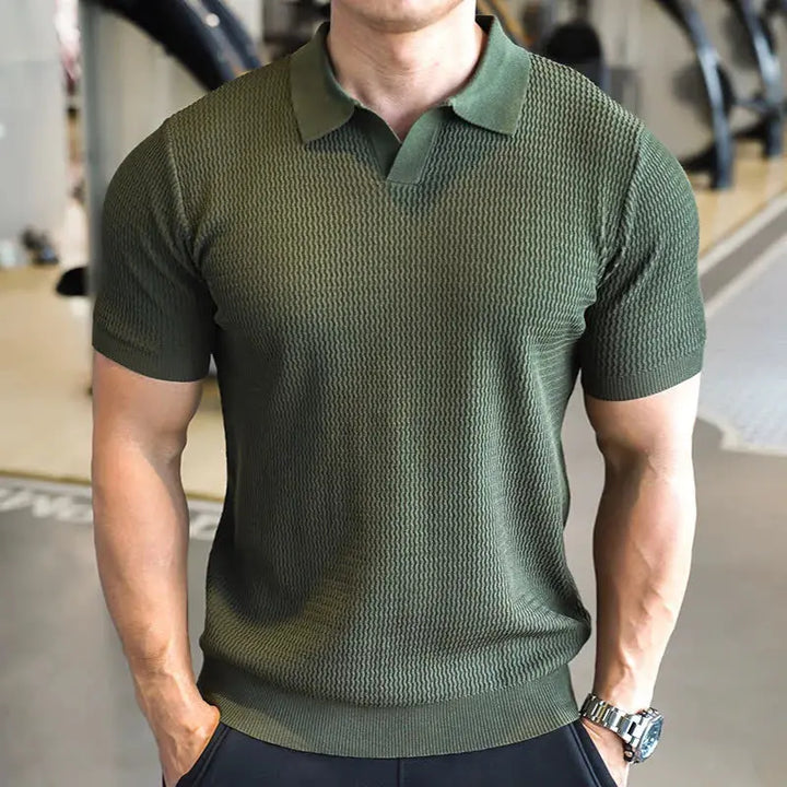 Men's slim fit textured polo shirt for a smart casual look. Stylish, comfortable short sleeve top for versatile daily wear.