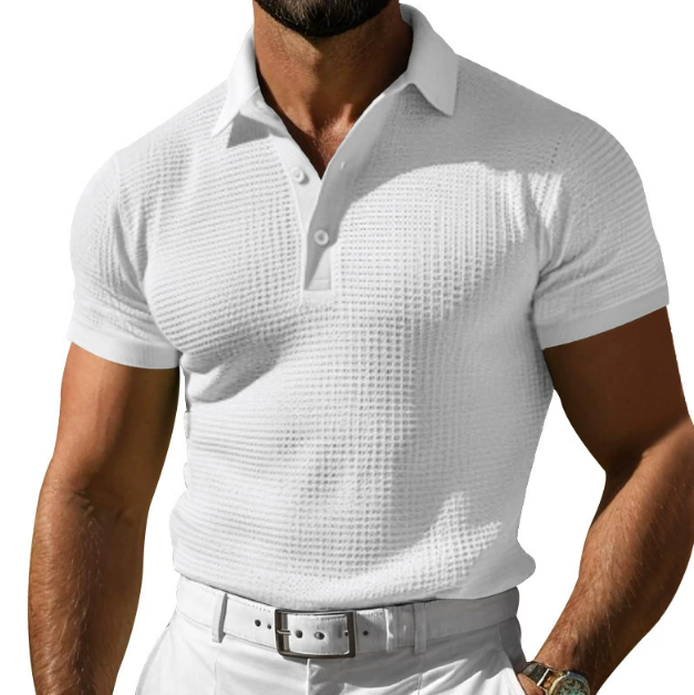 Men's slim fit textured polo shirt, short sleeve, stylish casual wear for summer & spring fashion.