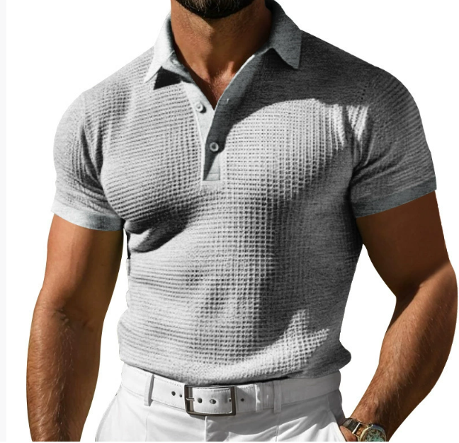 Classic men's slim fit polo, short sleeve, collared, perfect for everyday and warm weather fashion.