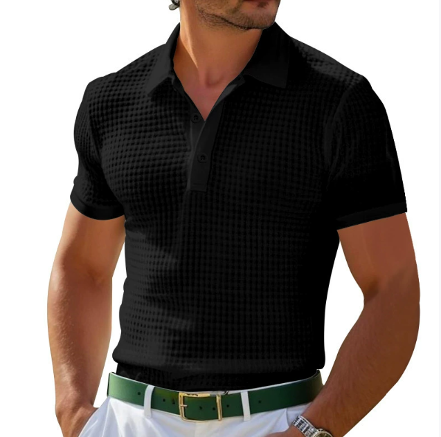 Versatile men's textured polo shirt, slim fit, comfortable for spring and summer casual apparel.