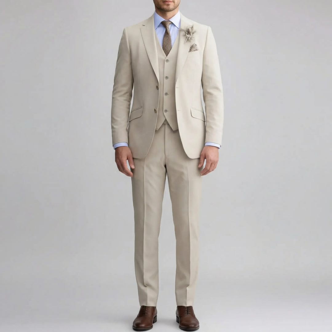 Elegant modern men's slim-fit three-piece suit, tailored for wedding, gala, or formal business events.