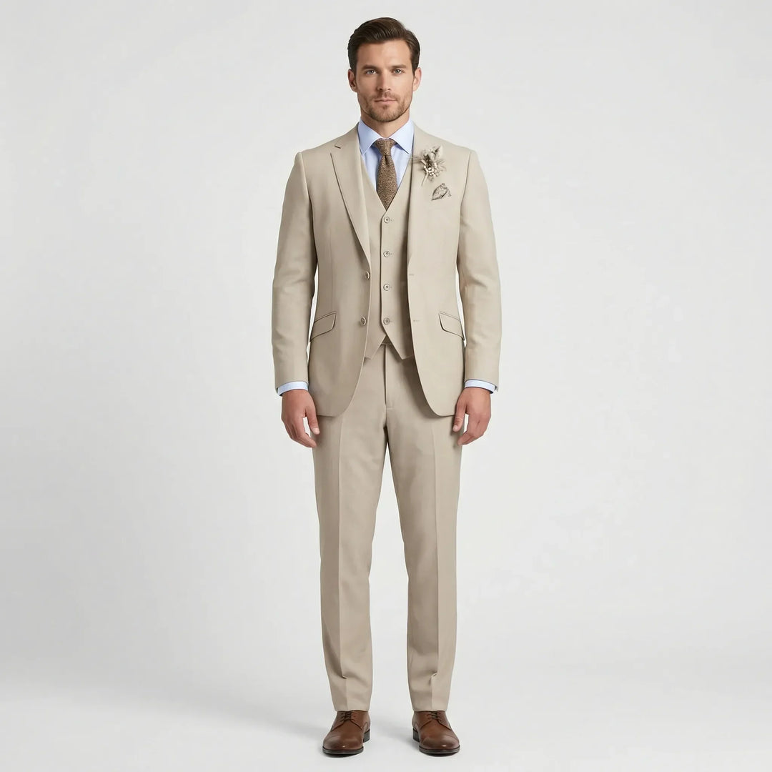 Gray men's slim-fit three-piece suit, tailored for a modern, elegant look at formal events.