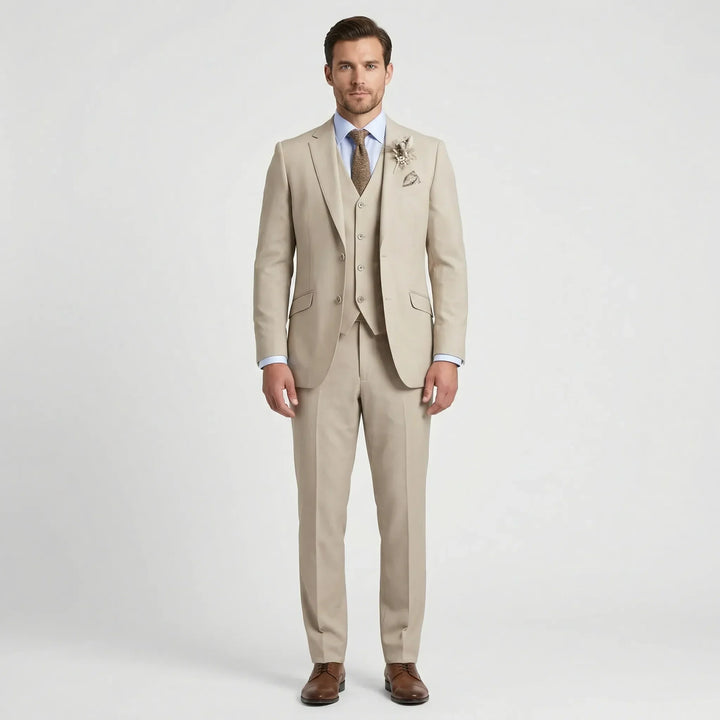 Gray men's slim-fit three-piece suit, tailored for a modern, elegant look at formal events.