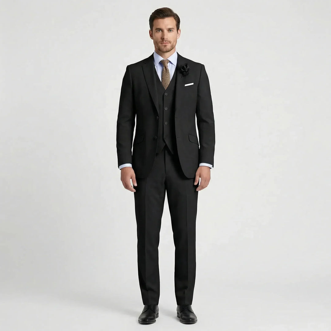 Beige men's slim-fit three-piece suit, Alessio, ideal wedding suit or formal business attire.