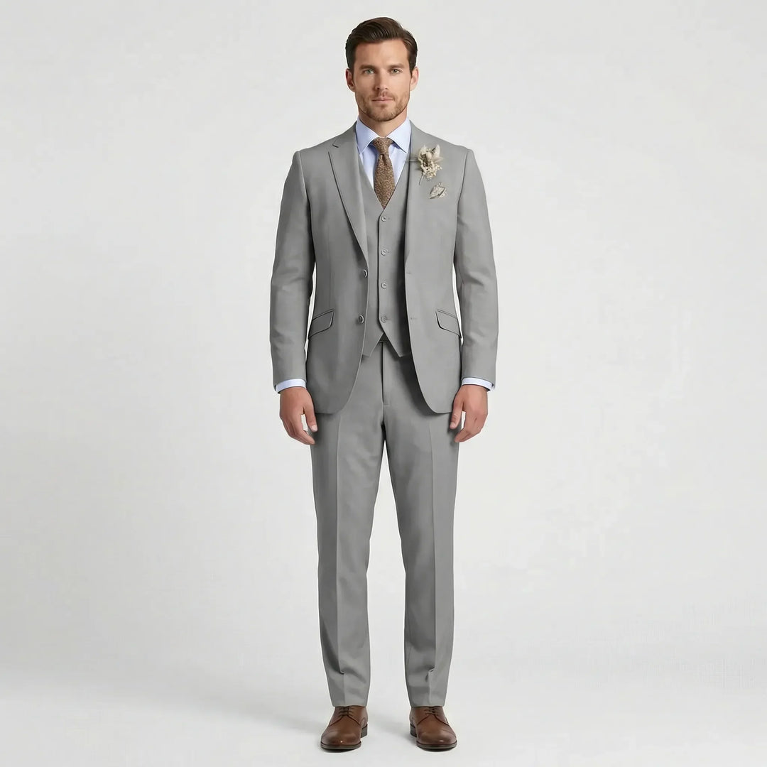 Tailored men's slim-fit three-piece suit for a sharp, modern look; perfect for formal events & weddings.
